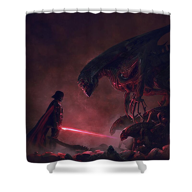 Star Wars Shower Curtain featuring the digital art Vader vs Aliens 1 by Guillem H Pongiluppi