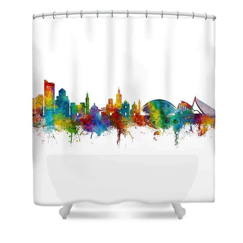 Valencia Shower Curtain featuring the digital art Valencia Spain Skyline by Michael Tompsett