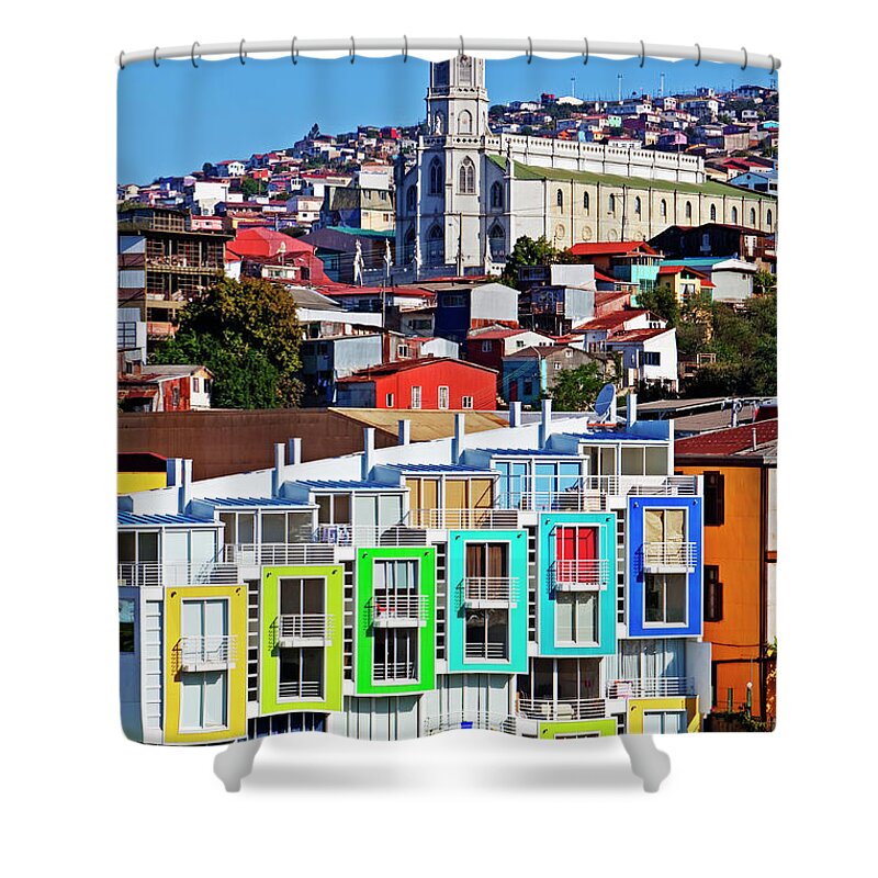 Apartment Shower Curtain featuring the photograph Valparaiso , Chile Colorful Buildings by John W Banagan