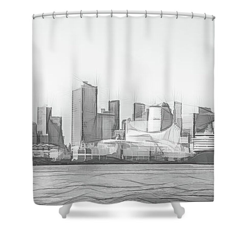 Canada Shower Curtain featuring the digital art Vancouver Cruise Ship Port and Financial District Digital Sketch by Rick Deacon