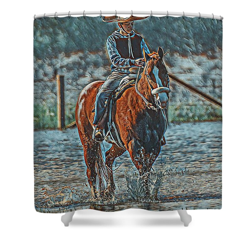 Cowboy Shower Curtain featuring the digital art Vaquero by Jerry Cahill