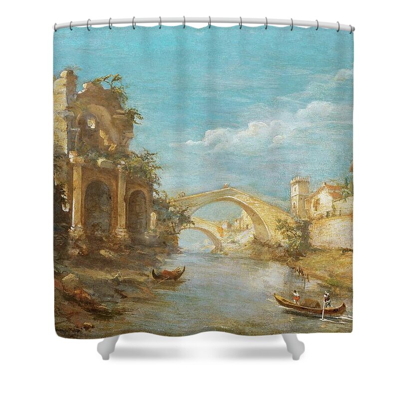 Anonymous Italian Painter Shower Curtain featuring the painting Venetian painter, Guardi workshop? Romantic landscape. Canvas, 35 x 44 cm. by Anonymous Italian painter