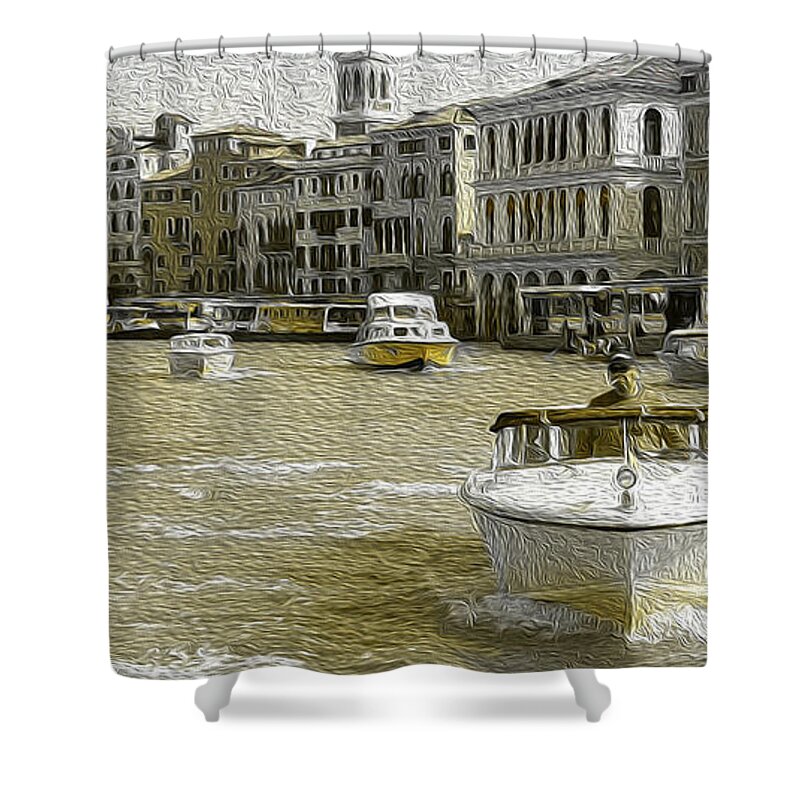Landscape Shower Curtain featuring the digital art Venice Canale Grande and Rialto Bridge by Lutz Roland Lehn