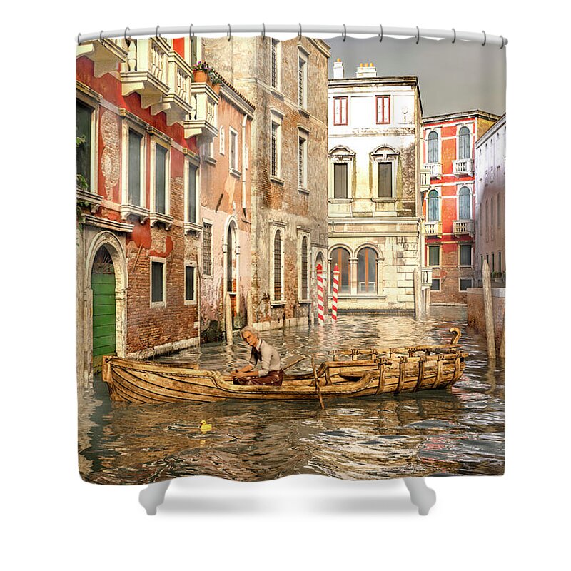 Venice Shower Curtain featuring the digital art Venice The Little Yellow Duck by Betsy Knapp