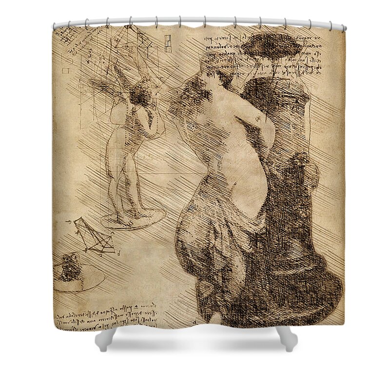 Da Vinci Shower Curtain featuring the digital art Venus Weigh Cupid by Alex Mir
