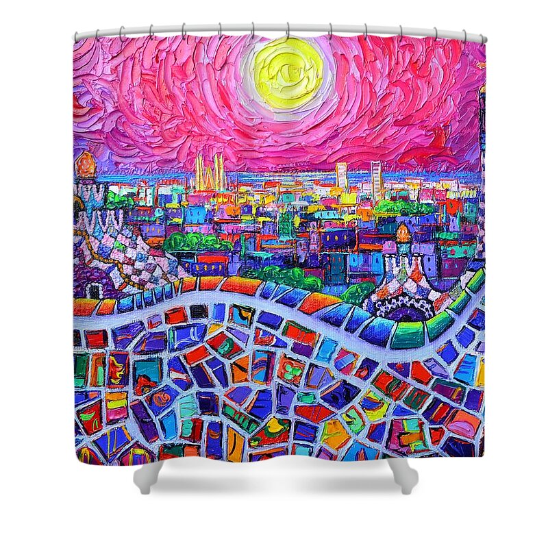 Barcelona Shower Curtain featuring the painting VIBRANT BARCELONA NIGHT VIEW FROM PARK GUELL modern impressionism knife painting Ana Maria Edulescu by Ana Maria Edulescu