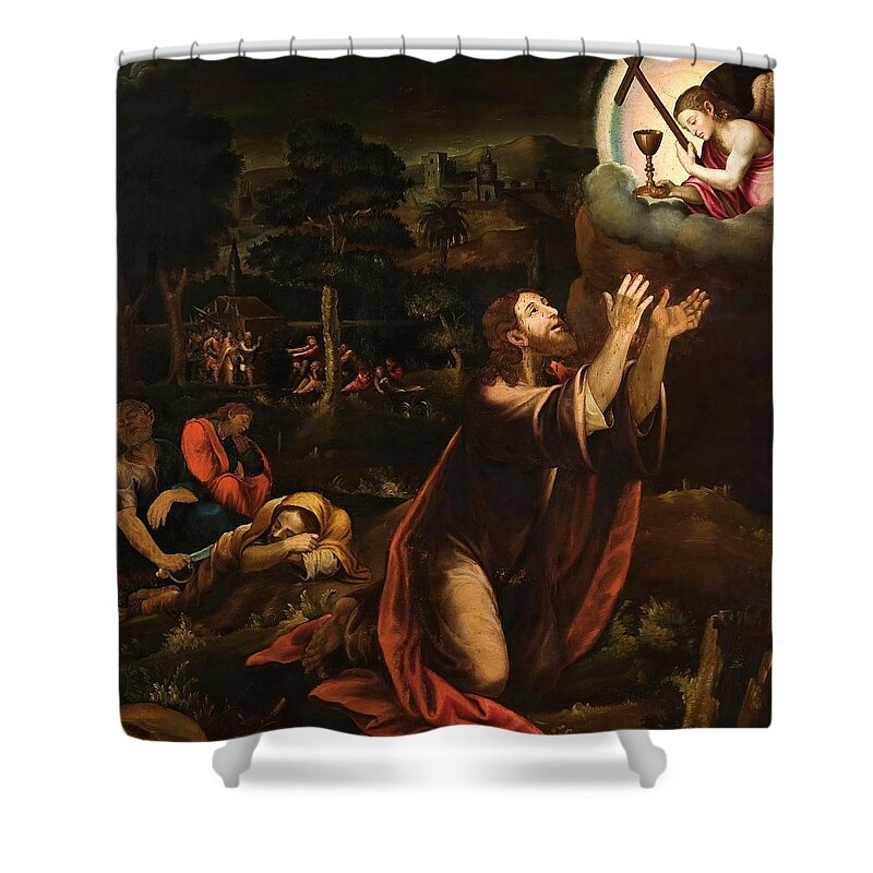 The Agony In The Garden Shower Curtain featuring the painting Vicente Macip Comes / 'The Agony in the Garden', Spanish School, Panel, 110 cm x 98 cm, P00847. by Vicente Macip -1475-1545-