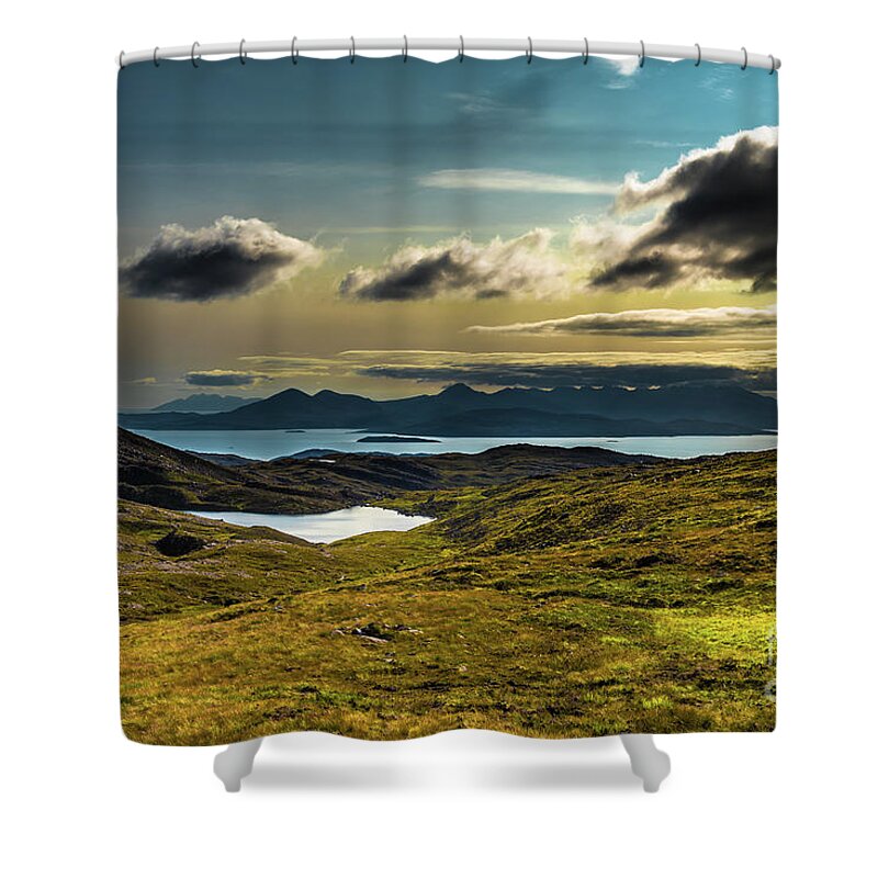 Adventure Shower Curtain featuring the photograph View From Applecross Pass To Scenic Landscape And The Isle Of Skye In Scotland by Andreas Berthold