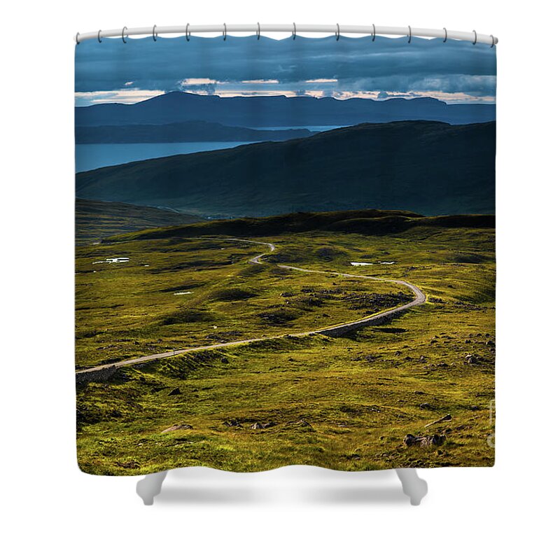 Adventure Shower Curtain featuring the photograph Applecross Pass, Scenic Landscape With Curvy Single Track Road And The Isle Of Skye In Scotland by Andreas Berthold