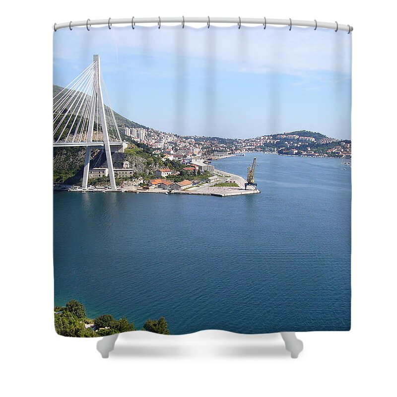 Clear Sky Shower Curtain featuring the photograph View Of Bridge Leading by Marianna Sulic