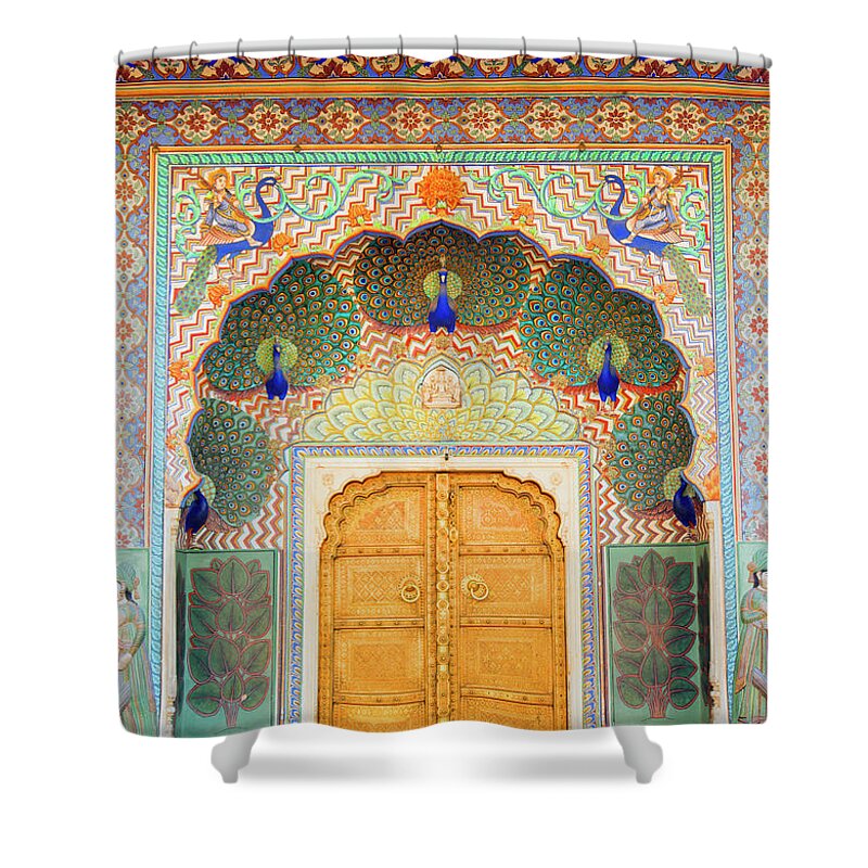 Archarchitectural Featureorange Coloroutdoorsjaipurpalacedoorrajasthancolor Imageverticalindian Culturearchitecturetraditionphotographypeacockanimal Representationmulti Coloreddesignornatetravel Destinationsentranceindiano Peopledayelegancemural Shower Curtain featuring the photograph View Of Peacock Door In Palace by Grant Faint