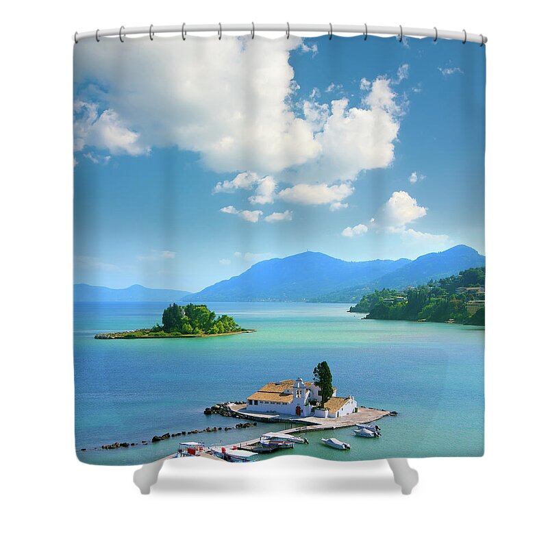 Water's Edge Shower Curtain featuring the photograph View Of Pontikonisi Area At Corfu by Aleksandargeorgiev
