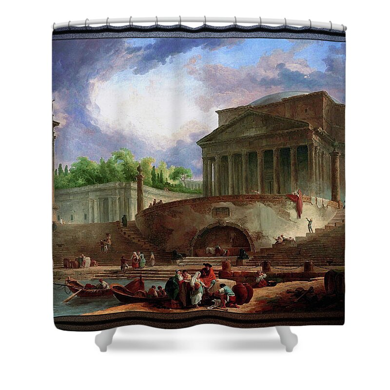 View Of Ripetta Shower Curtain featuring the painting View of Ripetta by Hubert Robert by Rolando Burbon