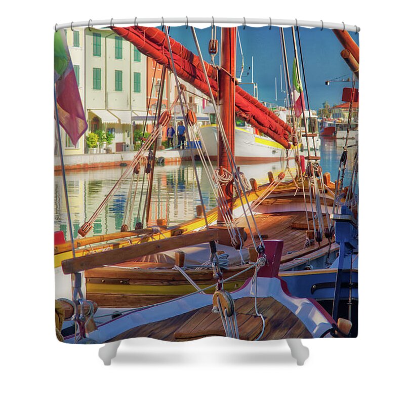 Architecture Shower Curtain featuring the photograph View on old town cozy sea port by Vivida Photo PC