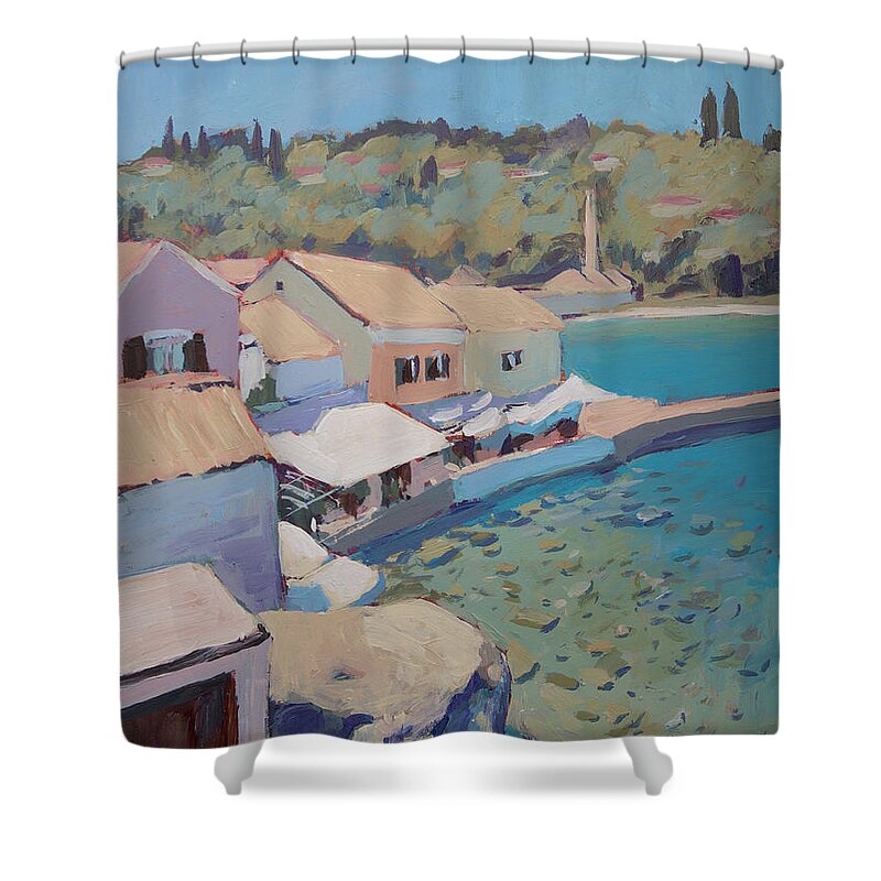 Loggos Shower Curtain featuring the painting View on the Loggos pier by Nop Briex