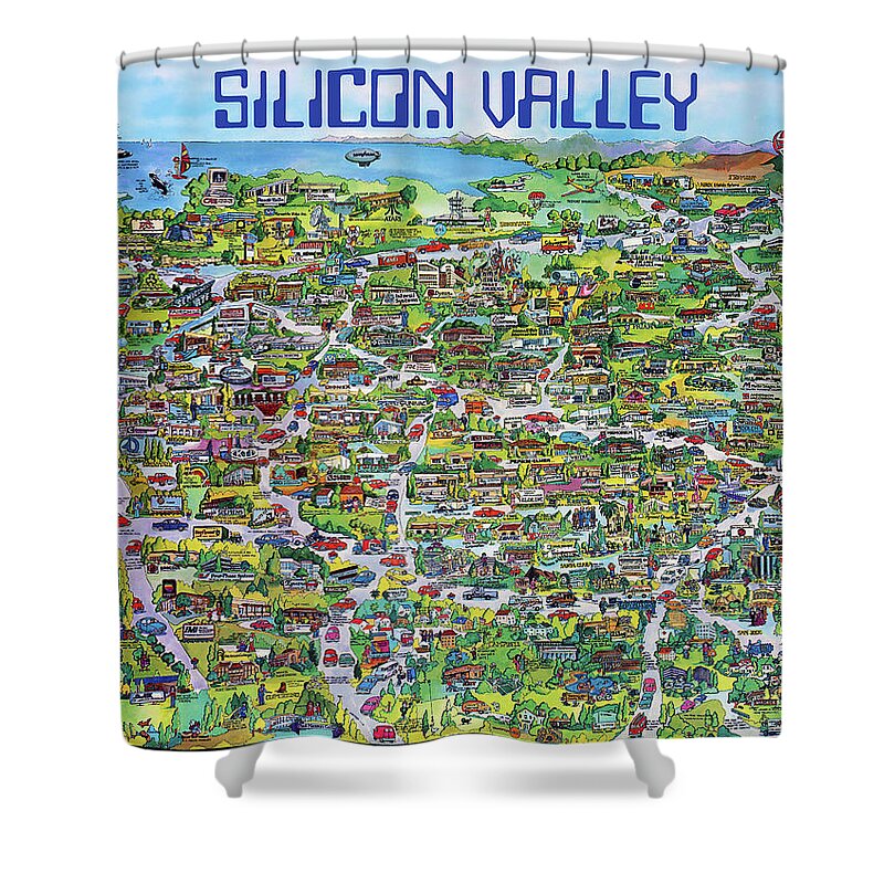 Silicon Valley Shower Curtain featuring the mixed media Vintage 1982 Silicon Valley USA Poster Print, Shows Many Historic Companies and Places by Kathy Anselmo