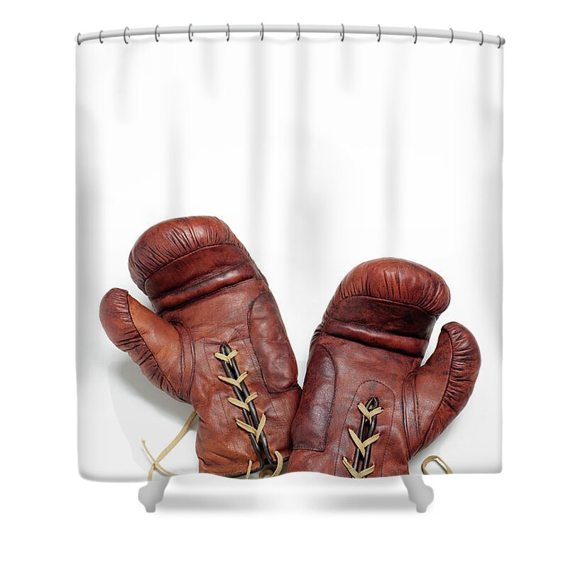White Background Shower Curtain featuring the photograph Vintage Boxing Gloves by Peter Dazeley