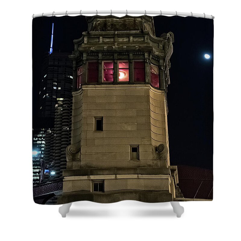 Black Shower Curtain featuring the photograph Vintage Chicago Bridge Tower at Night by Bruno Passigatti