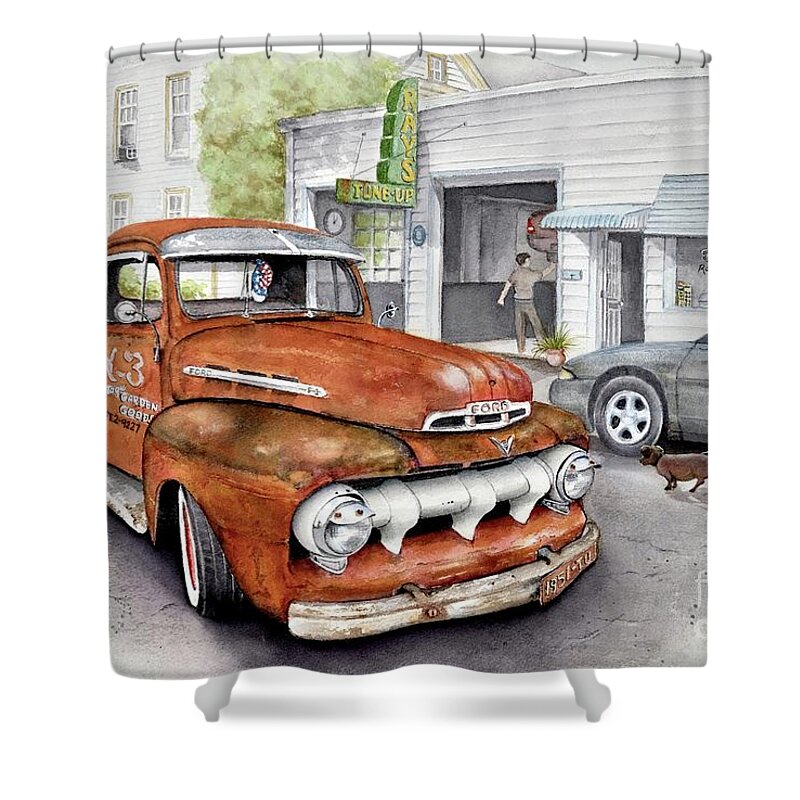 Rust Shower Curtain featuring the painting Vintage Ford F1 by Jeanette Ferguson