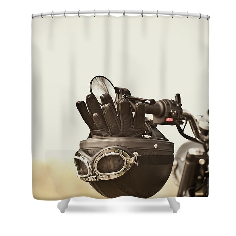 Crash Helmet Shower Curtain featuring the photograph Vintage Helmet And Gloves On Motorcycle by Vtwinpixel