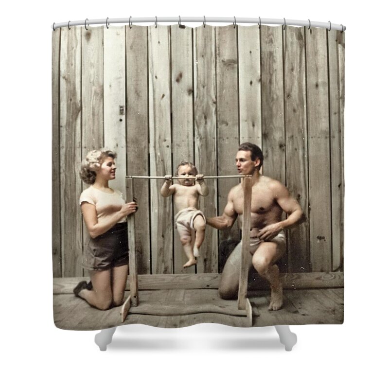 Colorized Shower Curtain featuring the painting Vintage photo print baby toddler cute antique photograph gym decor wall decor nursery black and whit by Celestial Images