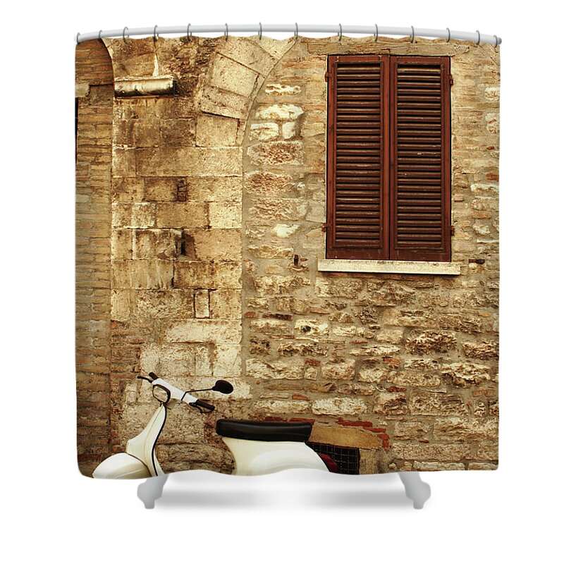 1950-1959 Shower Curtain featuring the photograph Vintage Scene Of A Stone Wall, Wooden by Anzeletti
