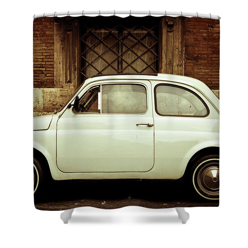 1950-1959 Shower Curtain featuring the photograph Vintage White Fiat 500 In Rome by Gollykim