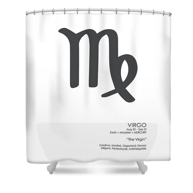 Virgo Shower Curtain featuring the mixed media Virgo Print - Zodiac Signs Print - Zodiac Posters - Virgo Poster - Black and White - Virgo Traits by Studio Grafiikka