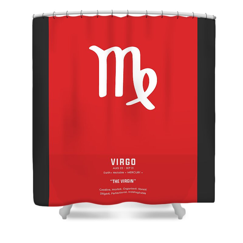 Virgo Shower Curtain featuring the mixed media Virgo Print - Zodiac Signs Print - Zodiac Posters - Virgo Poster - Red and White - Virgo Traits by Studio Grafiikka
