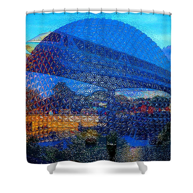 Visions Of Epcot Shower Curtain featuring the mixed media Visions of Epcot by David Lee Thompson