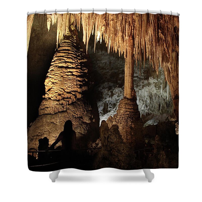 New Mexico Shower Curtain featuring the photograph Visitor Enjoys Cave Stalagmites by Milehightraveler