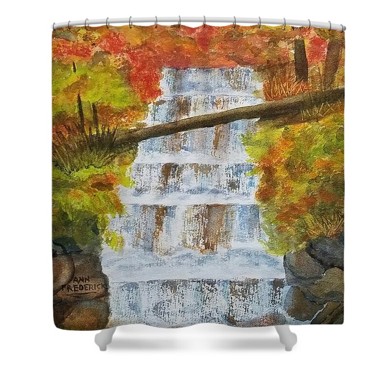 Waterfalls Shower Curtain featuring the painting Wagner Falls by Ann Frederick