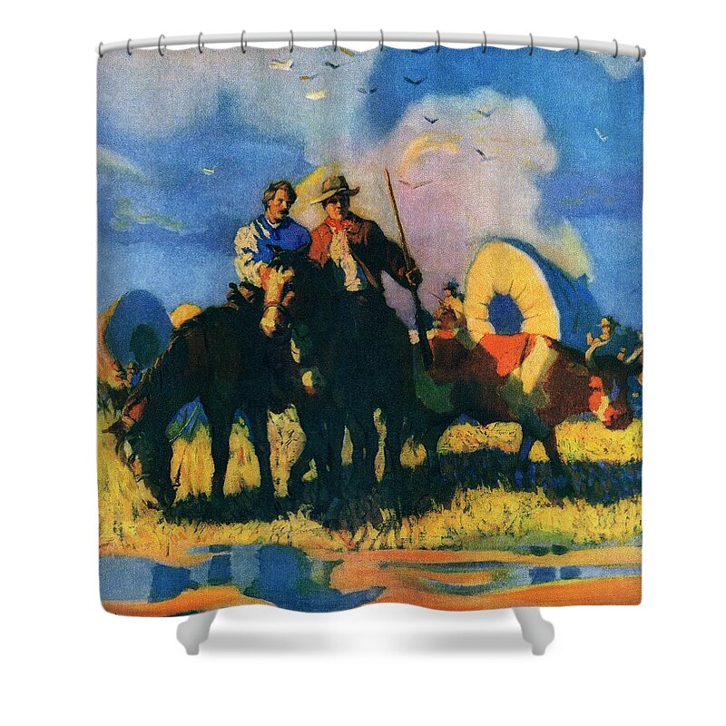 Cattle Shower Curtain featuring the drawing Wagon Train by Robert W. Crowther