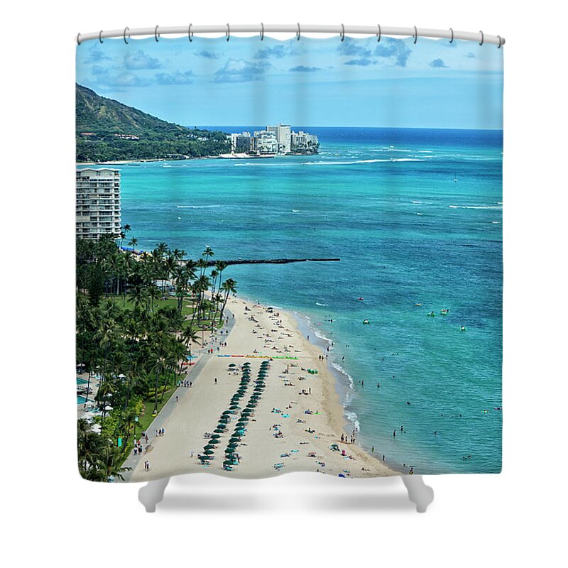 Scenics Shower Curtain featuring the photograph Waikiki Beach Aerial View by Jhorrocks