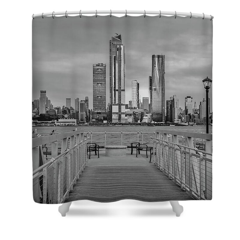 Nyc Skyline Shower Curtain featuring the photograph Walkway To The New York City Skyline BW by Susan Candelario