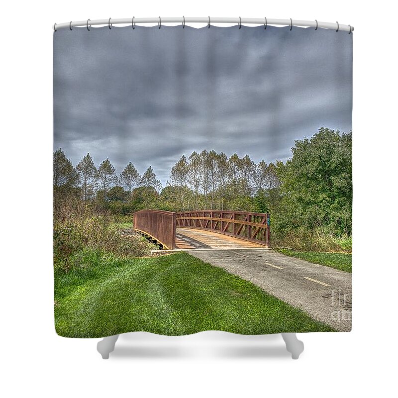 Nature Shower Curtain featuring the photograph Walnut Woods Bridge - 2 by Jeremy Lankford