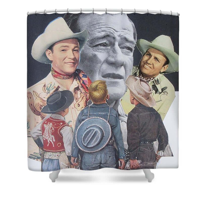 Celebrity Star Cowboy Abstract Collage Lobby Decor Kids John Wayne Roy Rogers Gene Autry Horse Shower Curtain featuring the mixed media Want To Be A Cowboy by Bradley Boug