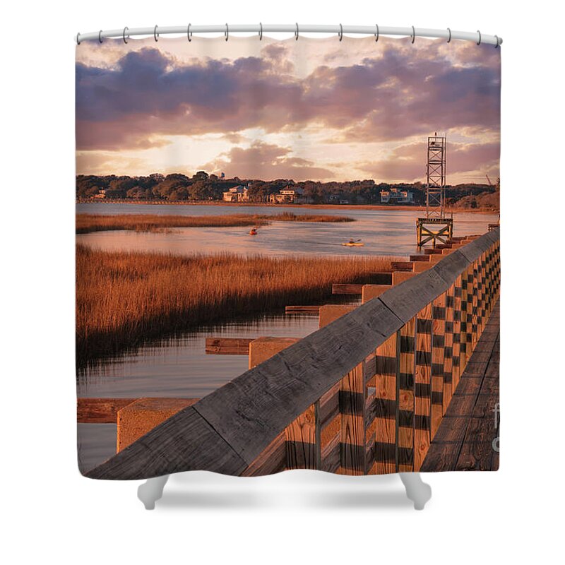 Old Pitt Street Bridge Shower Curtain featuring the photograph Warm Marsh Bay Sunrise by Dale Powell