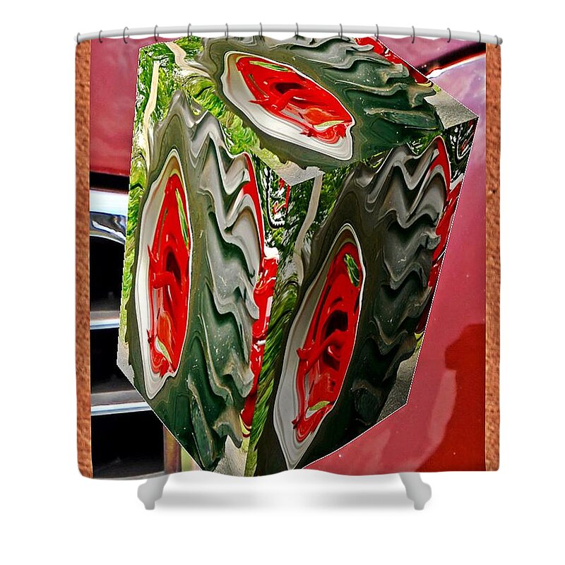 Cars Shower Curtain featuring the digital art Warped tractor tire as a box by Karl Rose