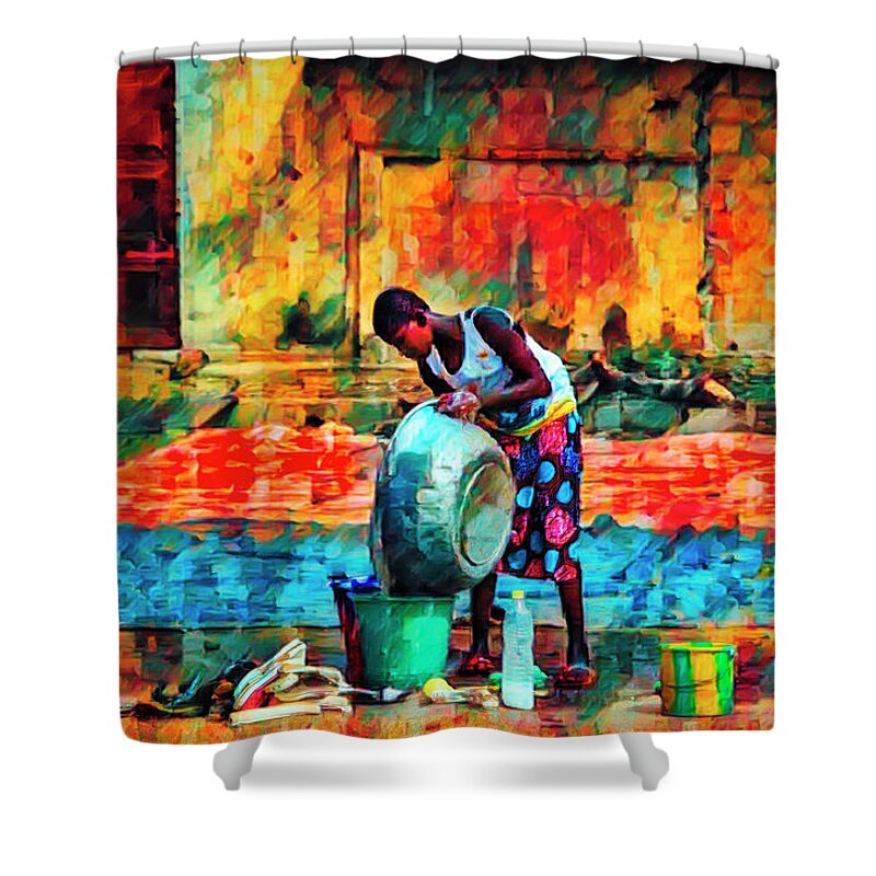 African Shower Curtain featuring the photograph Wash Day African Art by Debra and Dave Vanderlaan