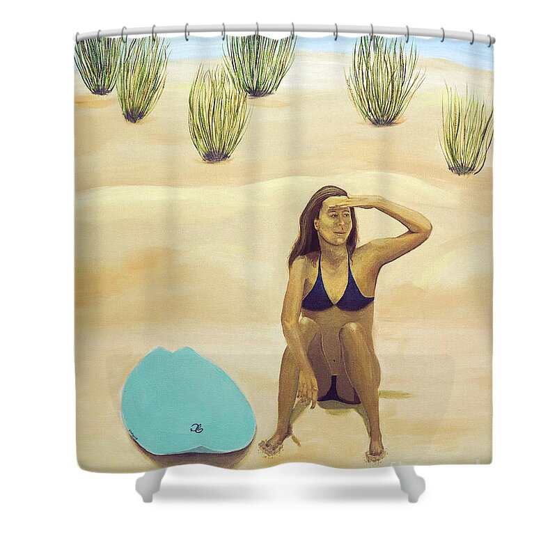 Surfer Girl Painting Shower Curtain featuring the painting Watching the Break by Jenn C Lindquist