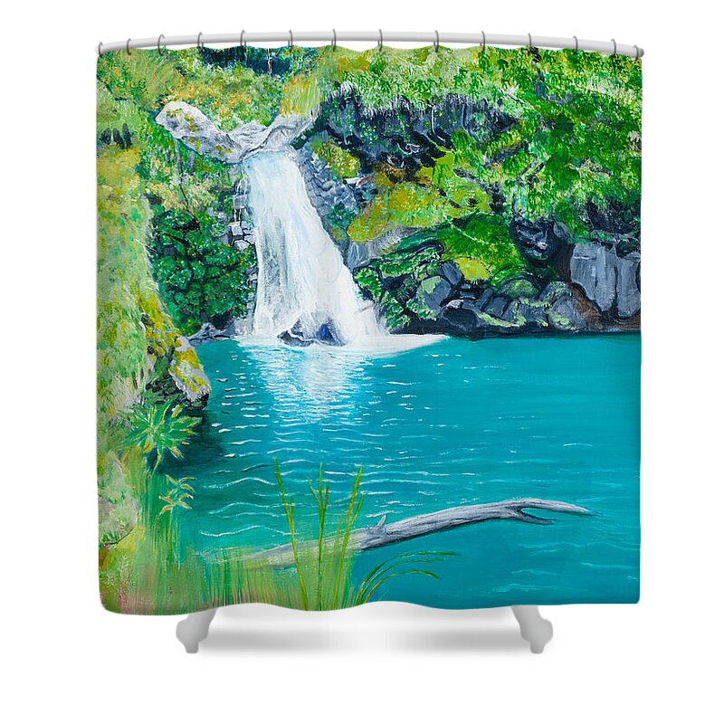 Waterfall Pool Hawaii Nature Landscape Peaceful Shower Curtain featuring the painting Water Fall Pool 18x24 by Santana Star