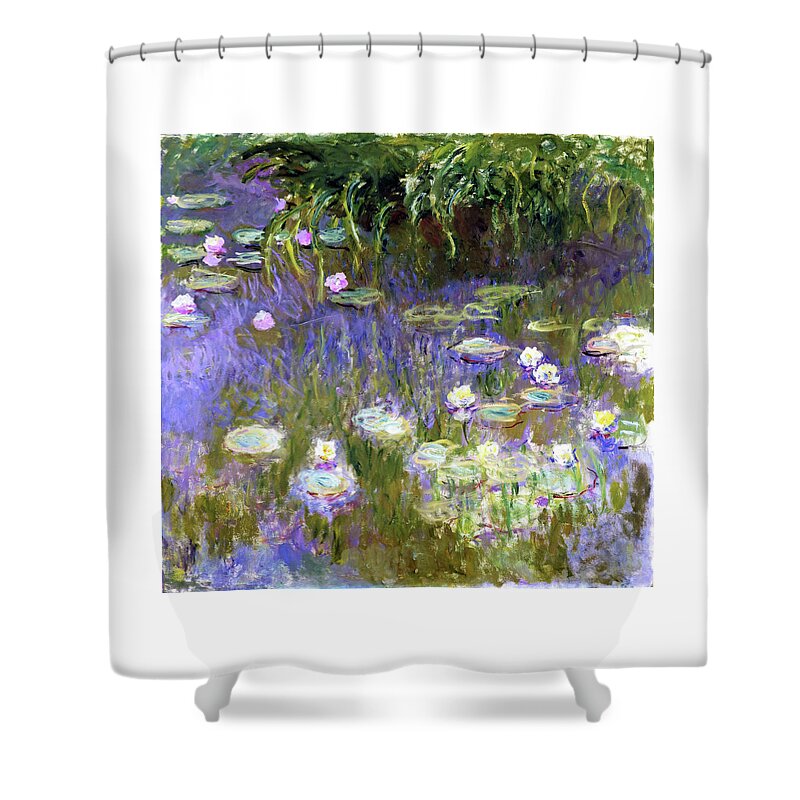 Claude Monet Shower Curtain featuring the painting Water Lilies,1922 - Digital Remastered Edition by Claude Monet