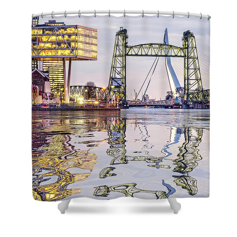 Architecture Shower Curtain featuring the digital art Water Reflection Rotterdam Bridges by Frans Blok