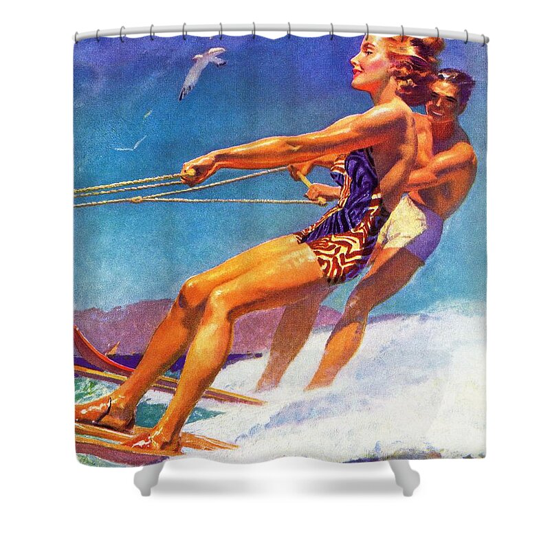 Sports Shower Curtain featuring the drawing Water Skier by Mcclelland Barclay