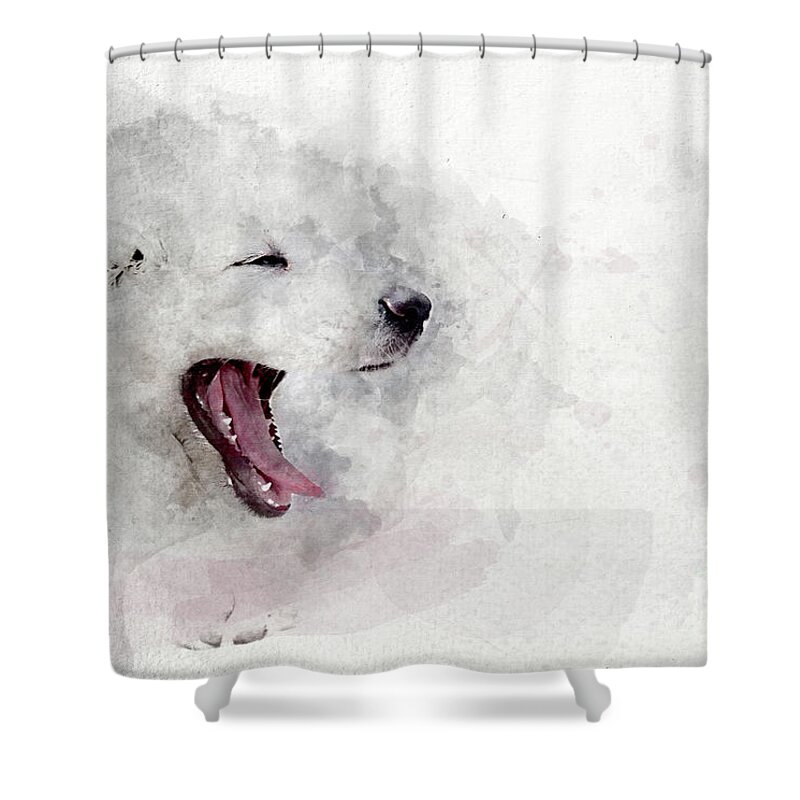 Puppy Shower Curtain featuring the photograph Watercolor image of white puppy dog yawning. by Michal Bednarek