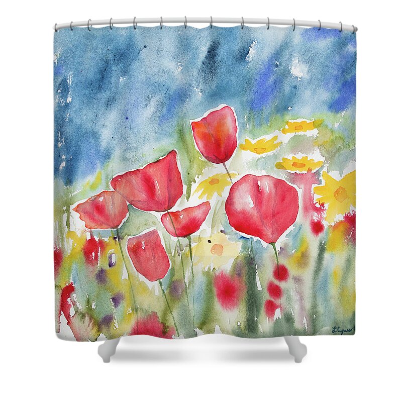 Poppy Shower Curtain featuring the painting Watercolor - Poppies and Sky by Cascade Colors