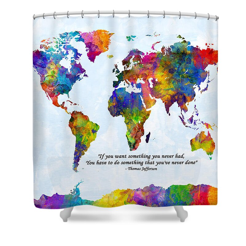 World Map Shower Curtain featuring the digital art Watercolor World Map Custom Text Added by Michael Tompsett
