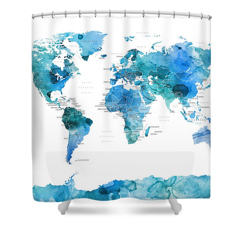 World Map Shower Curtain featuring the digital art Watercolour Political Map of the World Blue by Michael Tompsett