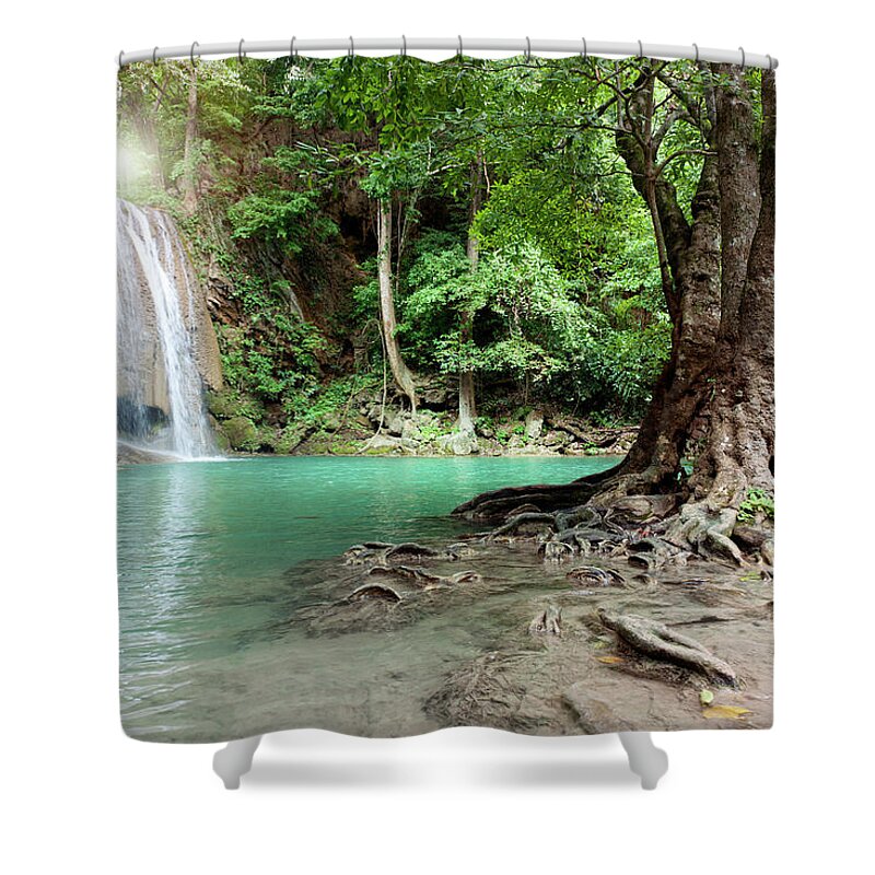 Waterfall SHOWER CURTAIN Paradise Tropical Oasis Fabric 70x70 Swim Beach Pool 